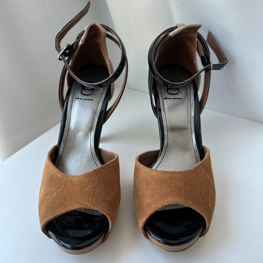 Diana Warner (IT 38/US 7.5-8) Brown Suede Open Toe Platform Heels Ankle Strap